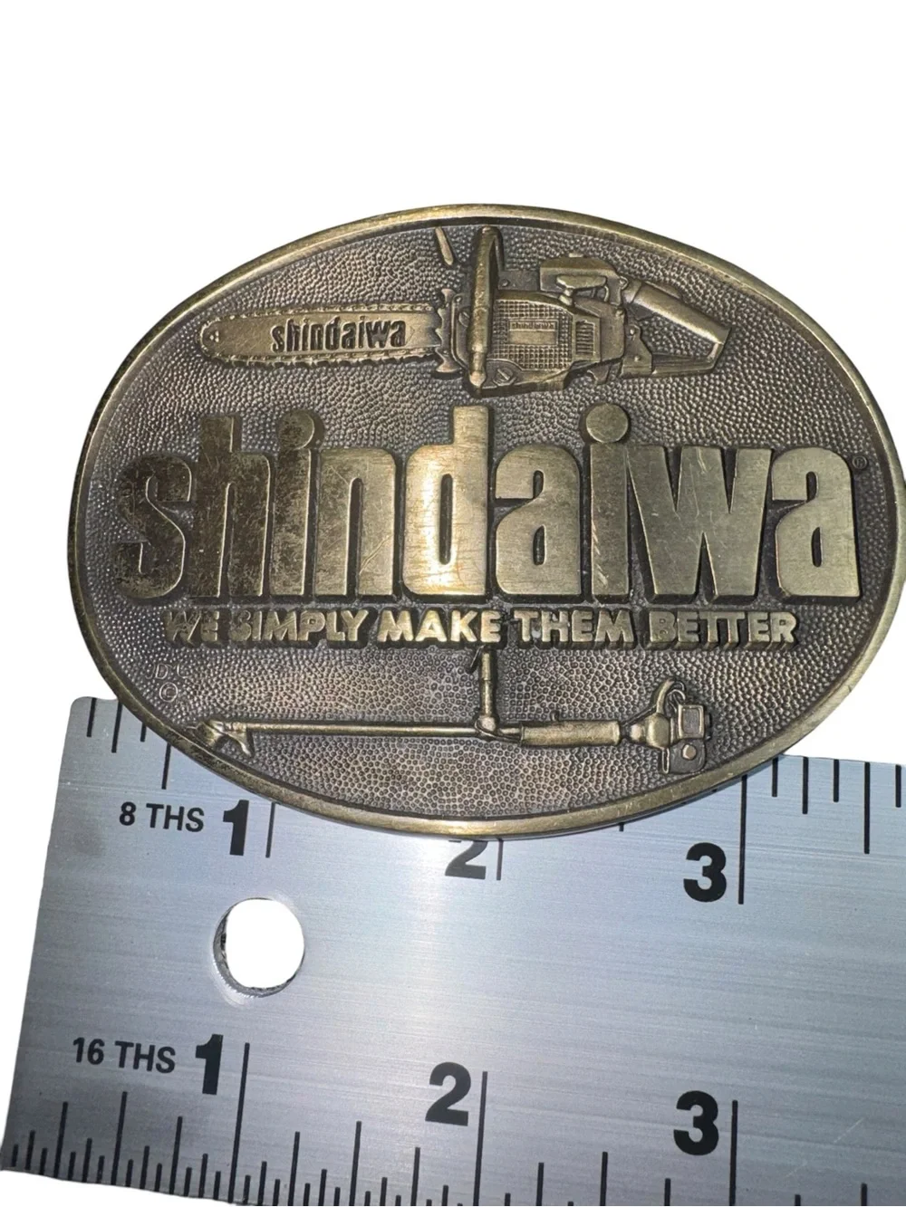 Vintage Shindaiwa Power Tools Belt Buckle Chainsaw Trimmer Advertising Brass